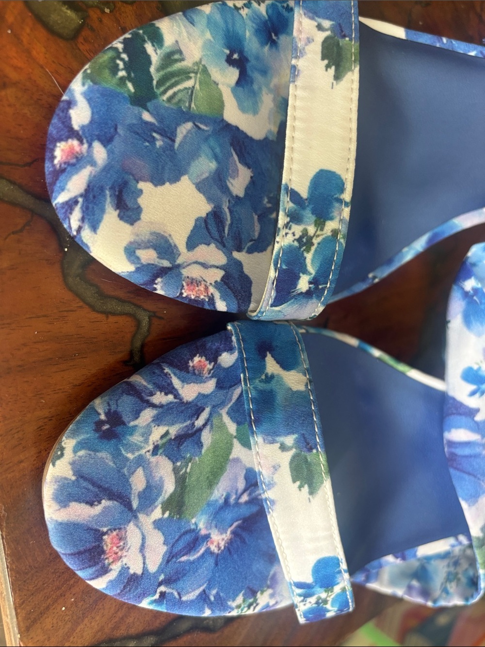 Nine West Sandals sz 8.5 Blue Floral Tie-Ankle Kelsie kitten heel NEW - Picture 2 of 7